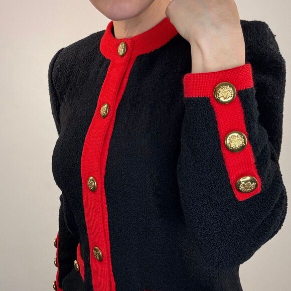 Vintage 1980s Adolfo New York Black Boucle Long Cardigan Knit Coat Dress - Picture 6 of 14